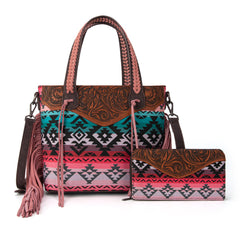 MW1295G-8313W  Montana West Tooled Aztec Tote/Crossbody with Wallet Set -Pink