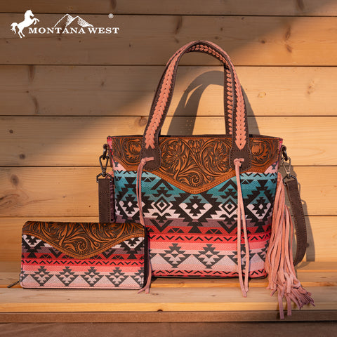 MW1295G-8313W  Montana West Tooled Aztec Tote/Crossbody with Wallet Set -Pink