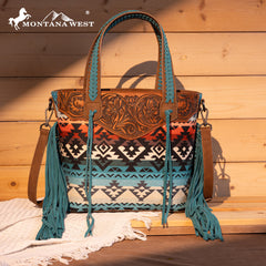 MW1295G-8313W  Montana West Tooled Aztec Tote/Crossbody with Wallet Set - Turquoise