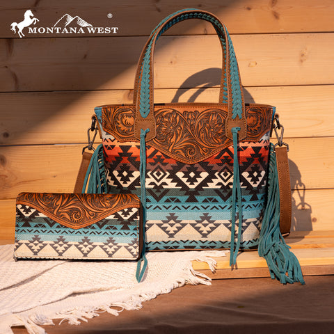 MW1295G-8313W  Montana West Tooled Aztec Tote/Crossbody with Wallet Set - Turquoise