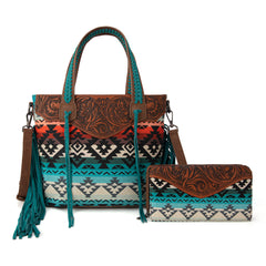 MW1295G-8313W  Montana West Tooled Aztec Tote/Crossbody with Wallet Set - Turquoise