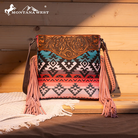 MW1295G-9360  Montana West Tooled Aztec Concealed Crossbody - Pink