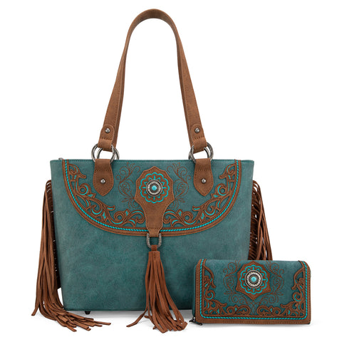 MW1307G-8317W  Montana West Embroidered Concealed Carry Tote with Wallet Set