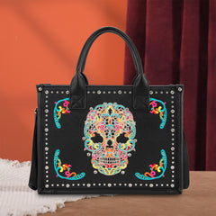 MW494G-H8120S  Montana West Embroidered Sugar Skull Tote/Crossbody - Black