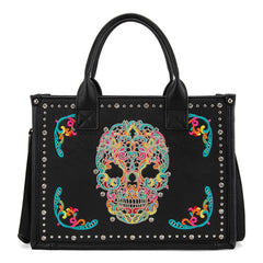 MW494G-H8120SW  Montana West Embroidered Sugar Skull Tote/Crossbody Wallet Set- Black-Multi