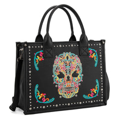 MW494G-H8120SW  Montana West Embroidered Sugar Skull Tote/Crossbody Wallet Set- Black-Multi