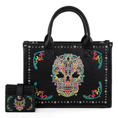 MW494G-H8120SW  Montana West Embroidered Sugar Skull Tote/Crossbody Wallet Set- Black-Multi