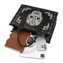 MW494G-H8120SW  Montana West Embroidered Sugar Skull Tote/Crossbody Wallet Set- Black-White