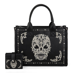 MW494G-H8120SW  Montana West Embroidered Sugar Skull Tote/Crossbody Wallet Set- Black-White