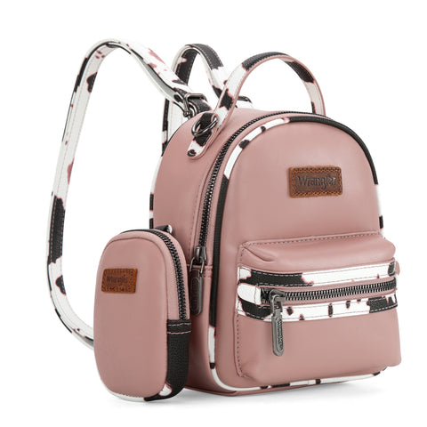 WG102-8600  Wrangler Cow Print  Trimmed Mini Backpack With Coin Pouch - Pink