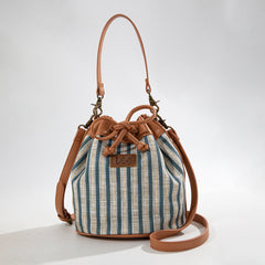 LEE61-002  LEE Striped Canvas Drawstring Hobo Bucket Bag/Crossbody