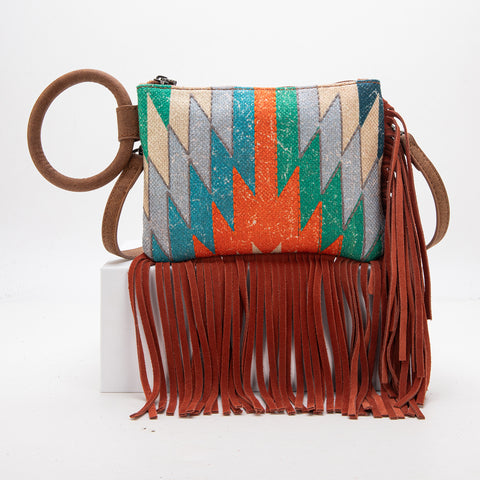 MW1290-181 Montana West Aztec Print Fringe Ring Handle Wristlet Clutch Bag