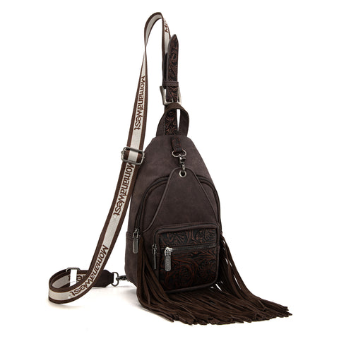 MW1276-S9110   Montana West Tooled Fringe Sling Bag - Coffee