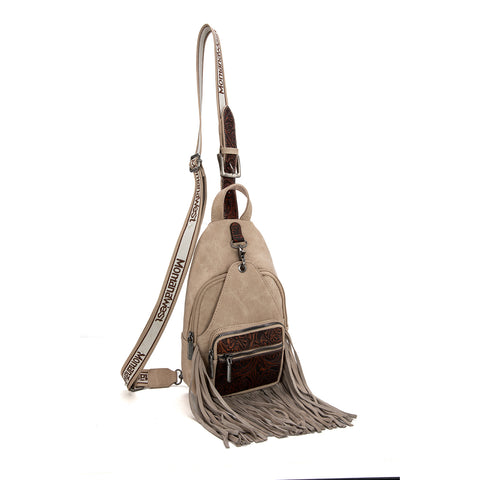 MW1276-S9110   Montana West Tooled Fringe Sling Bag - Tan