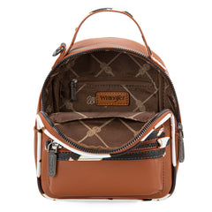 WG102-8600  Wrangler Cow Print  Trimmed Mini Backpack With Coin Pouch - Brown