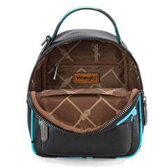 WG102-8600  Wrangler Cow Print  Trimmed Mini Backpack With Coin Pouch - Turquoise