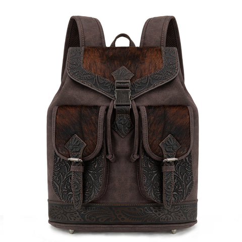 TR185-9110   Trinity Ranch Genuine Hair-On Cowhide Tooled Backpack - Coffee