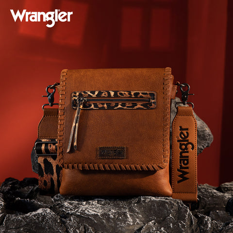 WG72-9360  Wrangler Whipstitch Leopard Print Crossbody - Dark Brown