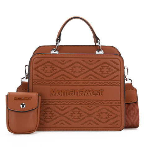 MWF1052-8120   Montana West Embroidered Aztec Tote/Crossbody With Mini Pouch - Brown