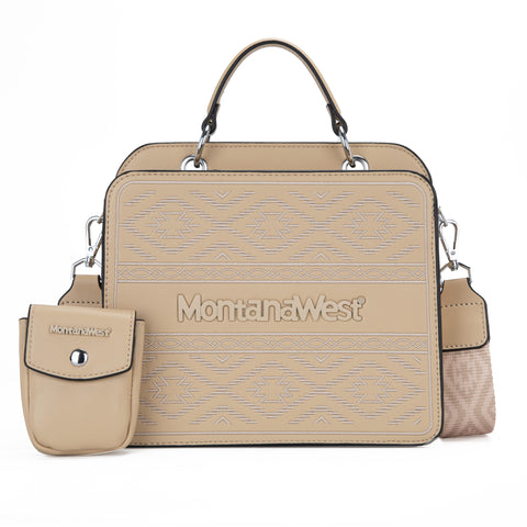 MWF1052-8120   Montana West Embroidered Aztec Tote/Crossbody With Mini Pouch - Tan