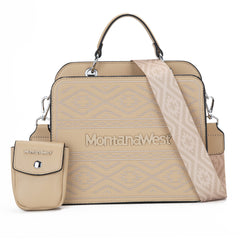 MWF1052-8120   Montana West Embroidered Aztec Tote/Crossbody With Mini Pouch - Tan