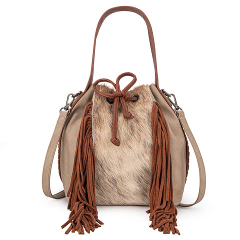 MWF1046-205S Montana West Hair-On Cowhide Drawstring Hobo/Crossbody - Tan