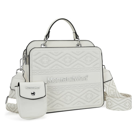 MWF1052-8120   Montana West Embroidered Aztec Tote/Crossbody With Mini Pouch - White