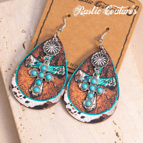 RCE-1119  Rustic Couture's   Stone Cross Tear Drop Embossed Wood Painted Pattern  Earring