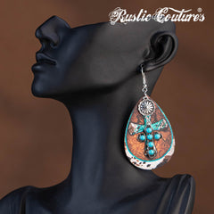 RCE-1119  Rustic Couture's   Stone Cross Tear Drop Embossed Wood Painted Pattern  Earring