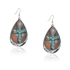 RCE-1119  Rustic Couture's   Stone Cross Tear Drop Embossed Wood Painted Pattern  Earring