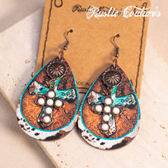 RCE-1119  Rustic Couture's   Stone Cross Tear Drop Embossed Wood Painted Pattern  Earring