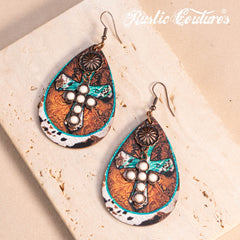 RCE-1119  Rustic Couture's   Stone Cross Tear Drop Embossed Wood Painted Pattern  Earring