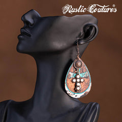 RCE-1119  Rustic Couture's   Stone Cross Tear Drop Embossed Wood Painted Pattern  Earring