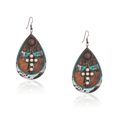 RCE-1119  Rustic Couture's   Stone Cross Tear Drop Embossed Wood Painted Pattern  Earring