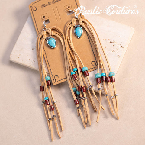 RCE-1120  Rustic Couture's  Suede Beaded Tassels Hook Statement Earrings