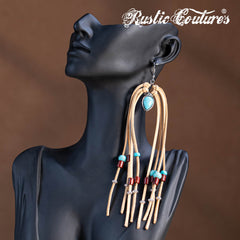 RCE-1120  Rustic Couture's  Suede Beaded Tassels Hook Statement Earrings