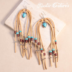 RCE-1120  Rustic Couture's  Suede Beaded Tassels Hook Statement Earrings