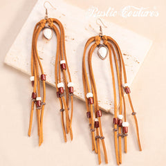 RCE-1120  Rustic Couture's  Suede Beaded Tassels Hook Statement Earrings