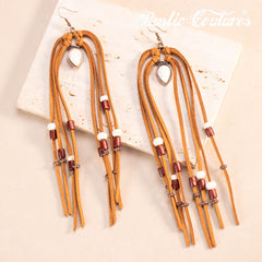 RCE-1120  Rustic Couture's  Suede Beaded Tassels Hook Statement Earrings