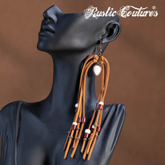 RCE-1120  Rustic Couture's  Suede Beaded Tassels Hook Statement Earrings