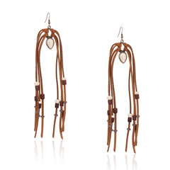 RCE-1120  Rustic Couture's  Suede Beaded Tassels Hook Statement Earrings