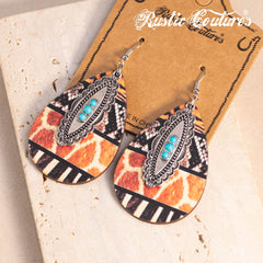 RCE-1124  Rustic Couture's  Metal  Concho Tear Drop Wood Painted Pattern  Earring