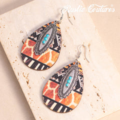 RCE-1124  Rustic Couture's  Metal  Concho Tear Drop Wood Painted Pattern  Earring