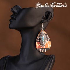 RCE-1124  Rustic Couture's  Metal  Concho Tear Drop Wood Painted Pattern  Earring