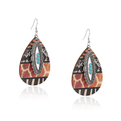 RCE-1124  Rustic Couture's  Metal  Concho Tear Drop Wood Painted Pattern  Earring