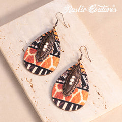 RCE-1124  Rustic Couture's  Metal  Concho Tear Drop Wood Painted Pattern  Earring