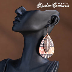 RCE-1124  Rustic Couture's  Metal  Concho Tear Drop Wood Painted Pattern  Earring