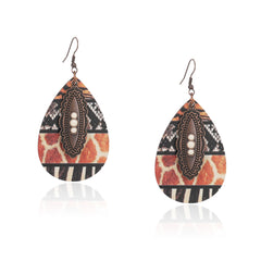 RCE-1124  Rustic Couture's  Metal  Concho Tear Drop Wood Painted Pattern  Earring