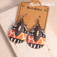 RCE-1124  Rustic Couture's  Metal  Concho Tear Drop Wood Painted Pattern  Earring