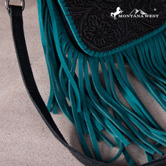 RLC-L159 Montana West Genuine Leather Tooled Collection Fringe Crossbody - Turquoise